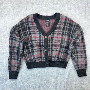 Social Collision Grey Plaid Fuzzy Crop Cardigan Goth Punk Dark Academia Sz 2 2X
